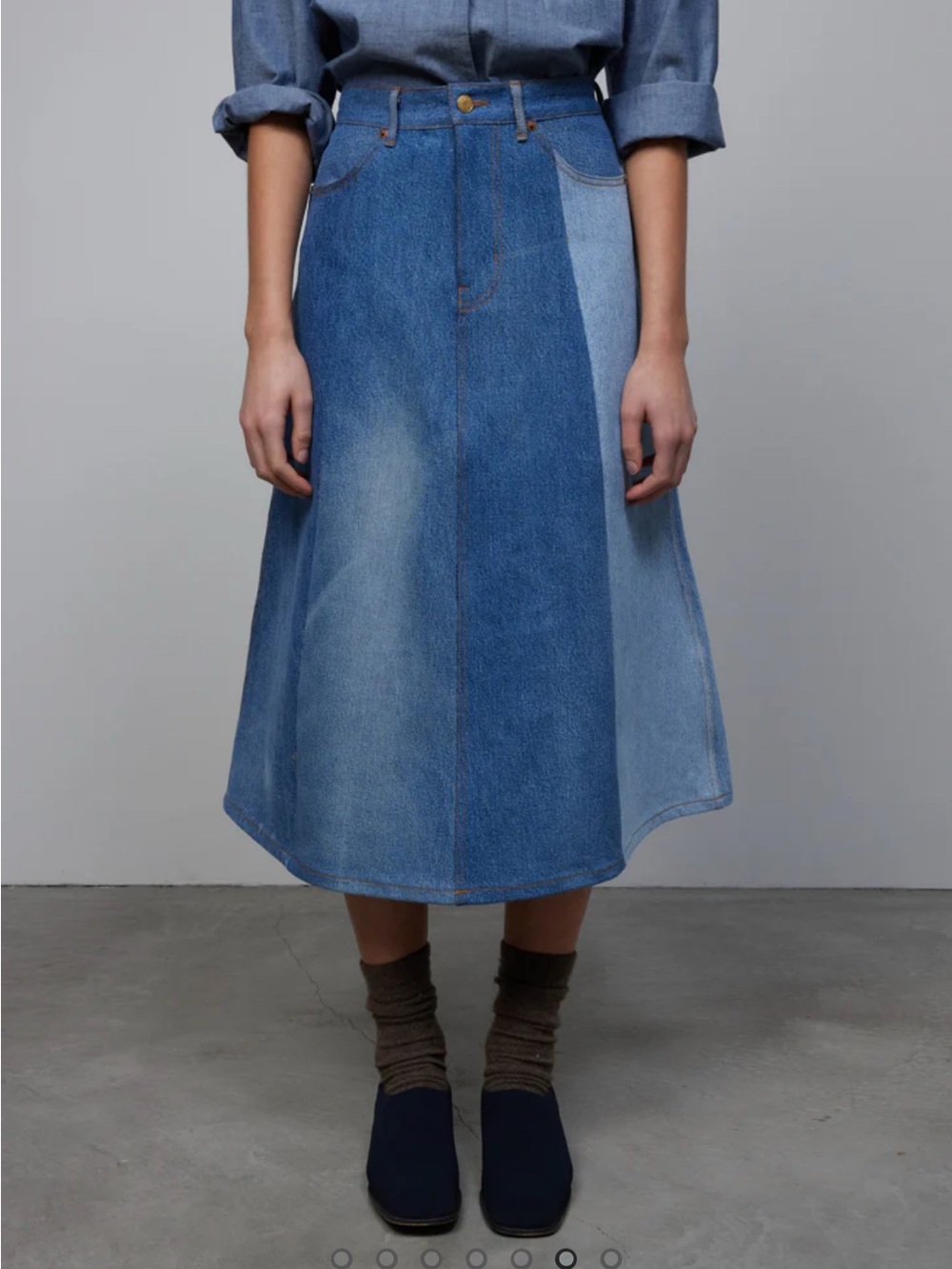 B SIDES Two-Tone Blue Denim A-Line Skirt